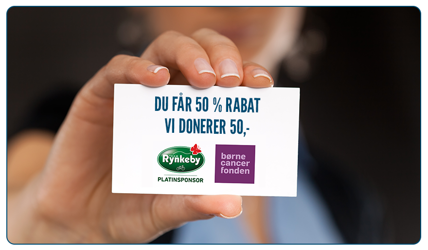 Visitkort med støtte til Team Rynkeby og Børnecancerfonden