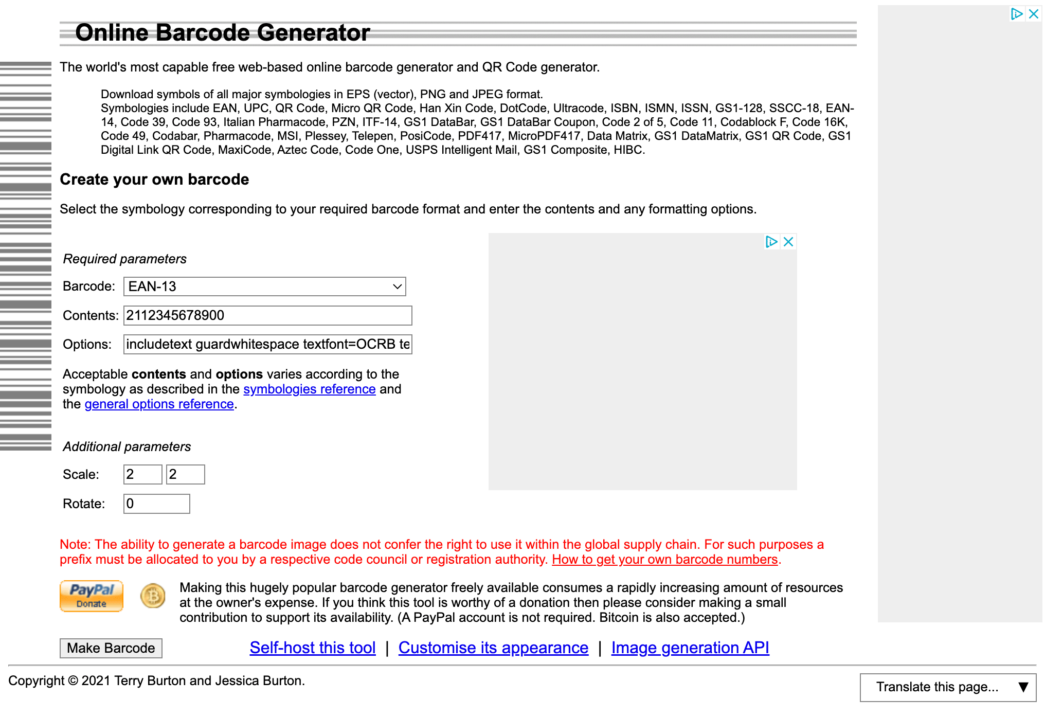 Screenshot av hemsida med streckkodsgenerator